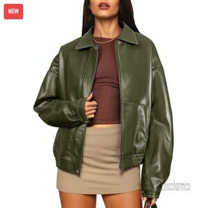 Faux Leather Bomber Jacket Oversized Fit Zip Up Women's Fall Winter Coat